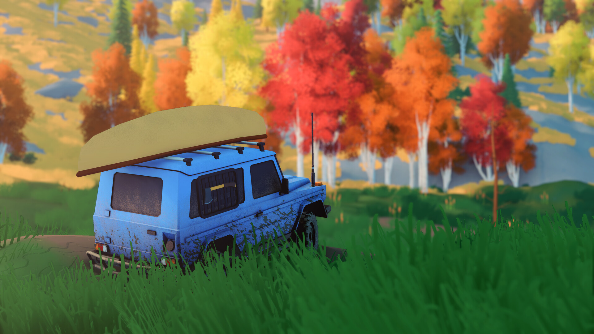Blue 4x4 driving through an autumn forest